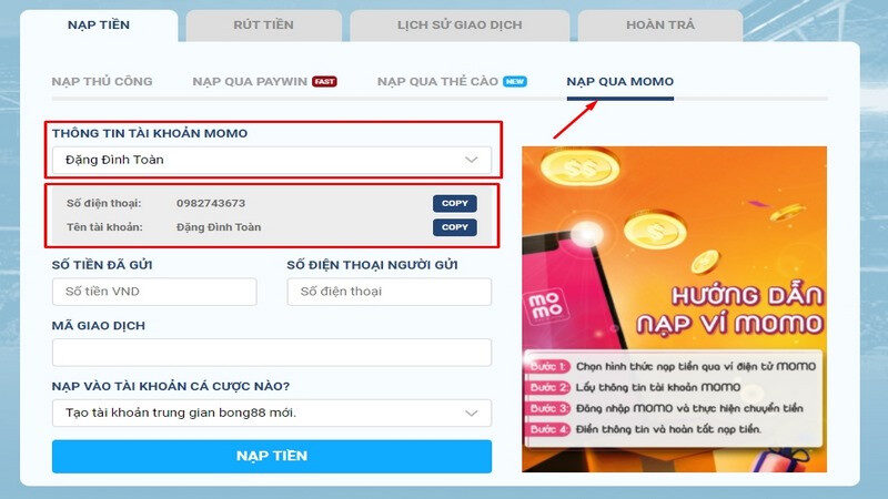 Nạp tiền bằng ví điện tử